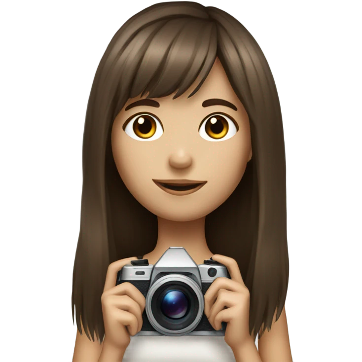 Realistic camera girl with camera and brown long hair and a fringe emoji