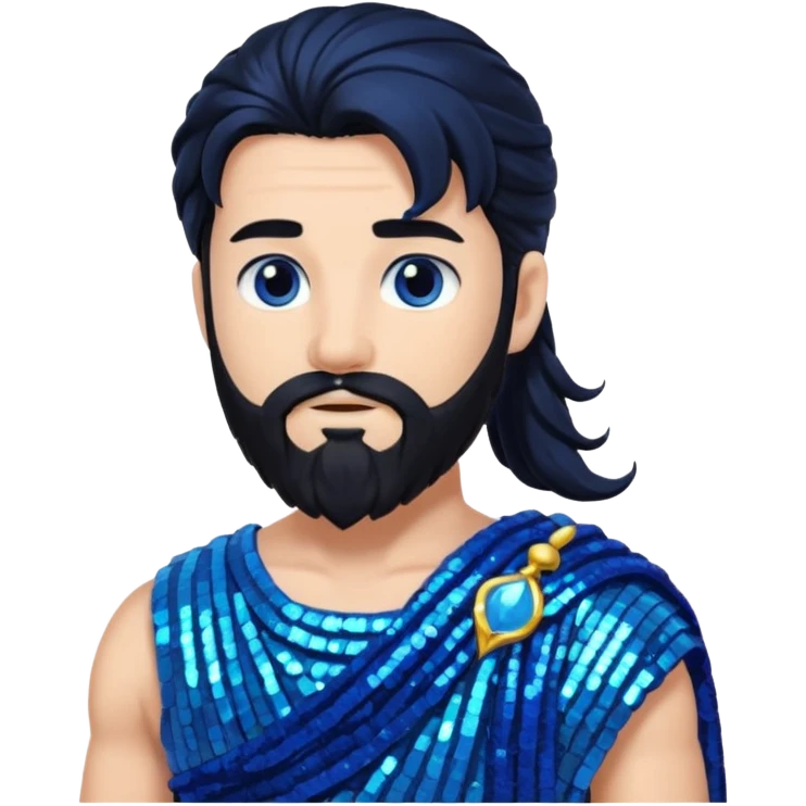 Neptune from Roman Deities with long black hair and beard, blue sequin toga emoji