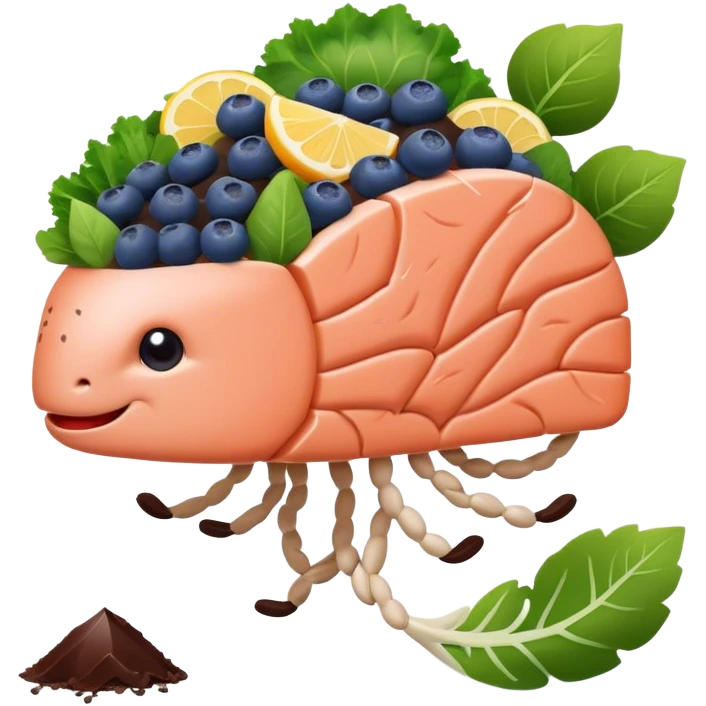 brain surrounded by healthy lifestyle choices, exercising, salmon, dark chocolate, blueberries, seeds, leafy greens . brain booster emoji