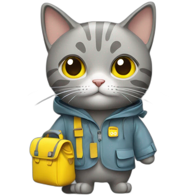 Grey cat with camera and a raincoat, yellow bagpack  emoji