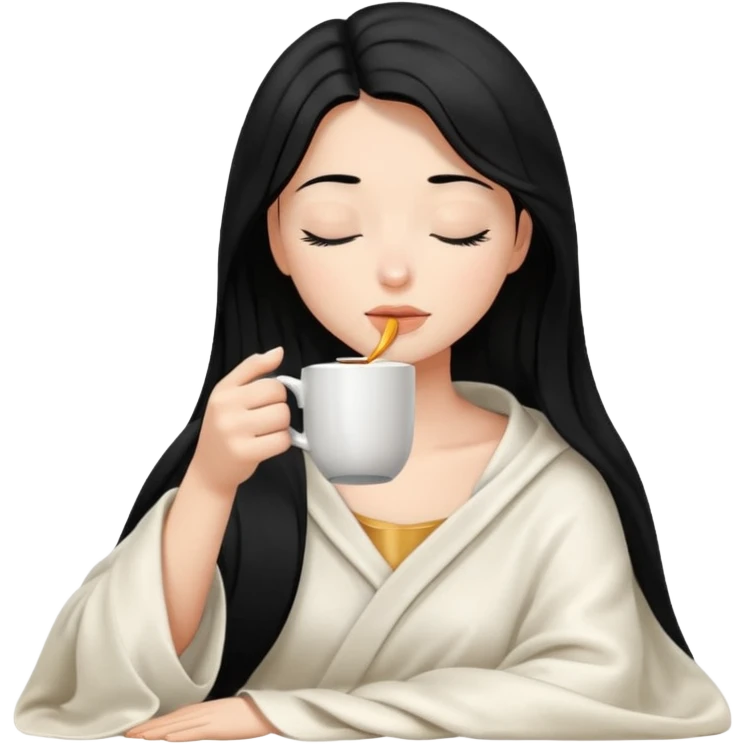 black hair girl long hair inside a white milky satin blanket sipping coffee eyes closed  emoji