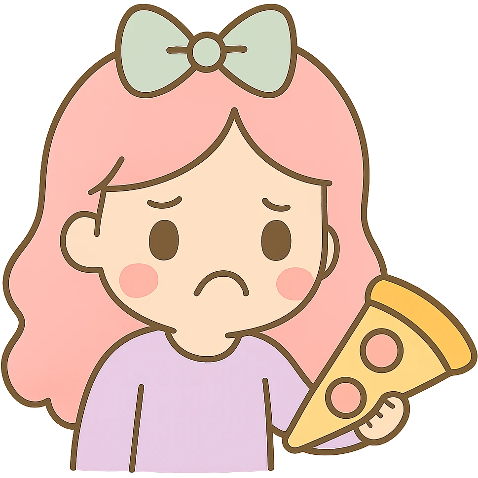 Make the girl look disgusted, holding the pizza away from her, in the same kawaii chibi anime style with flat pastel colors, thick outlines, and simple cute features. Keep the background transparent. emoji