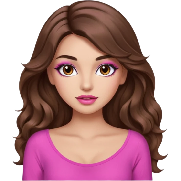 girl with long wavy brown hair, brown eyes, long lashes makeup, sexy pink lips, light to medium complexion, pink sexy top, I don't know emoji