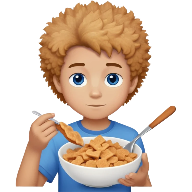 An 11 year old boy with fluffy hair low taper fade and blue eyes with a bowl of cinnamon toast crunch  emoji