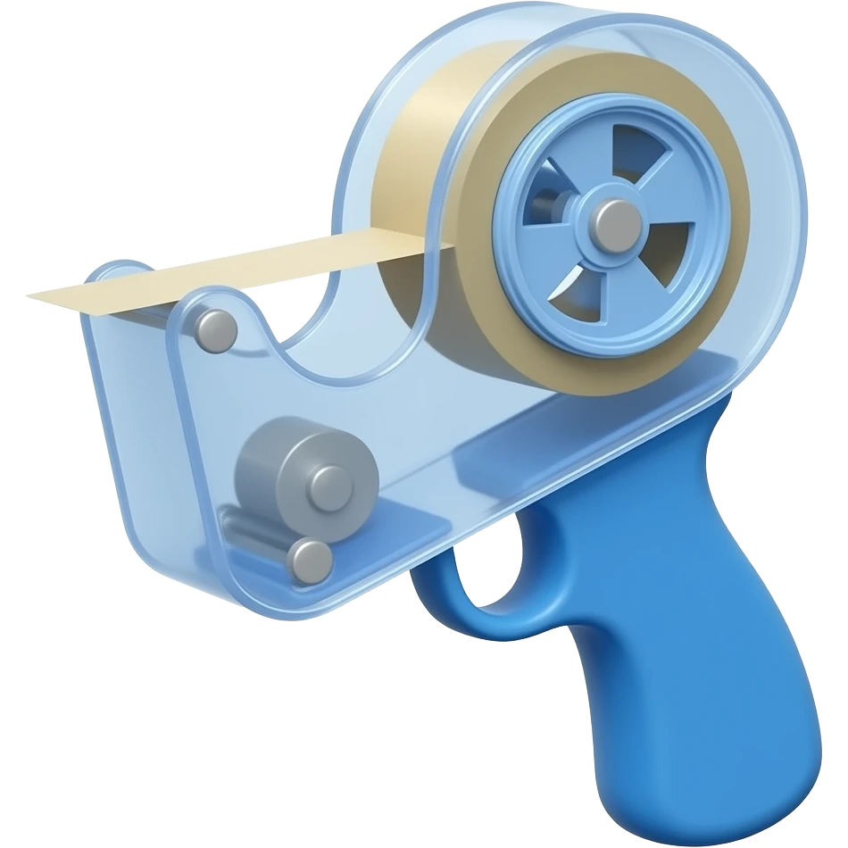 3D emoji-style ATG tape gun, 3/4 angle. Blue handle, translucent casing, visible rollers. Thin tape dispensing mid-motion.  Clean lighting, soft shadows, minimal, Apple-like but industrial. Centered, no text. emoji