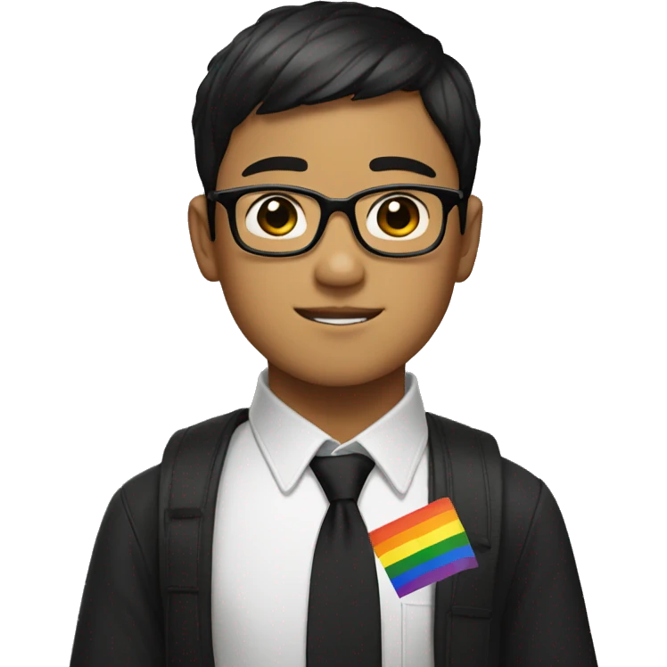 a asian boy with black square like glasses with brown hair with pride flag emoji
