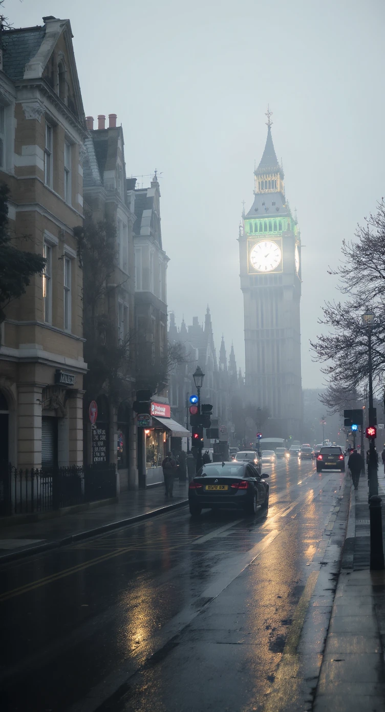 Cinematic shot of a london street, cloudy foggy day, soft light, leading lines to big ben in distance, multi composition, in foreground blurred car, on second street around UK bulding, od another plan in distance big ben, birds flying, artistic look, captured on arri alexa 35 emoji