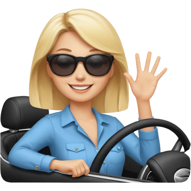 blonde woman driving car. one hand up Happy face confidence emoji