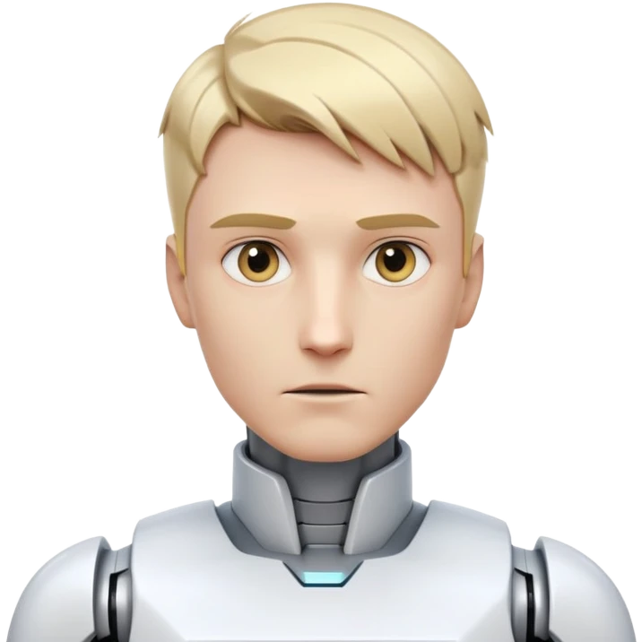 Male robot with short blond hair, sharp jawline, intense eyes, white tech clothing, neutral expression, futuristic assistant emoji