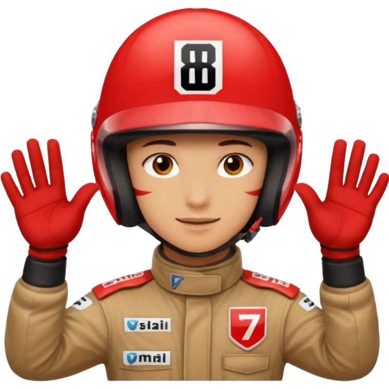 Person wearing red f1 helmet with hands saying 8 7 emoji
