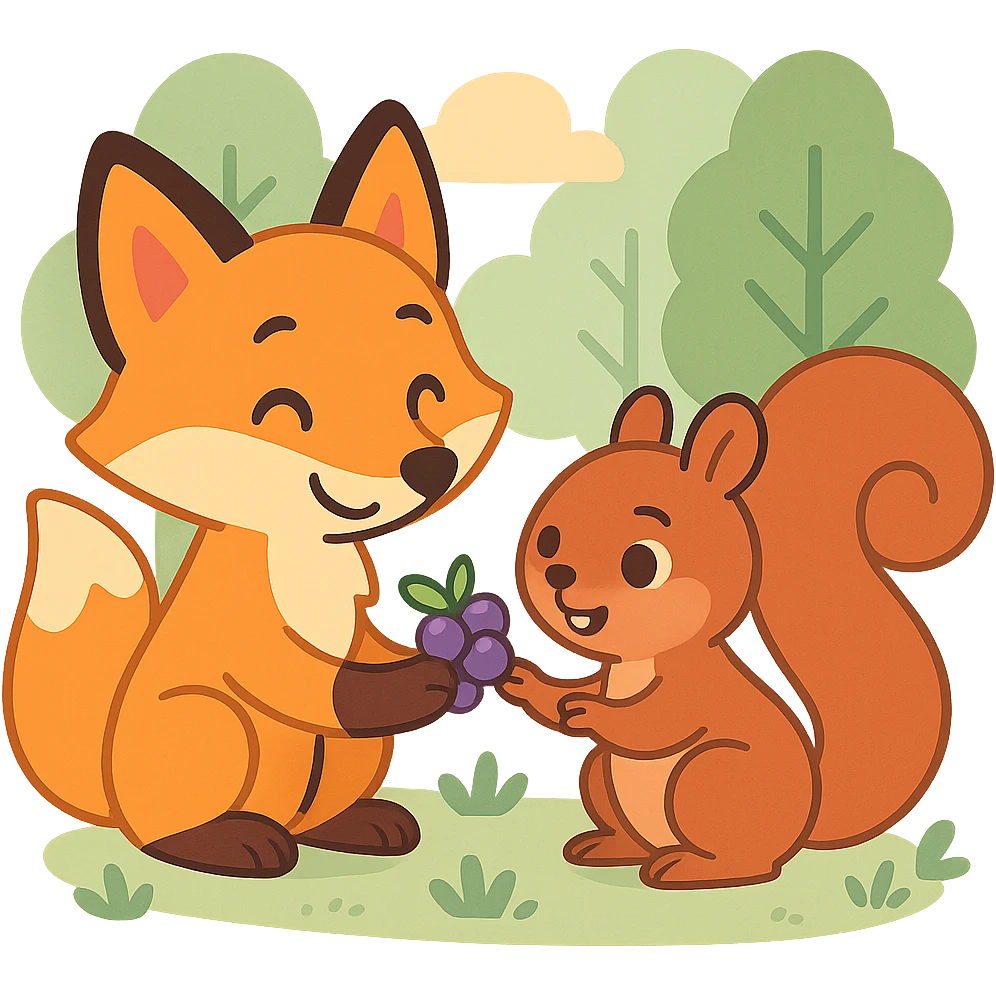fox and squirrel sharing berries, forest friendship scene, soft pastel colors, pastel-toon style emoji