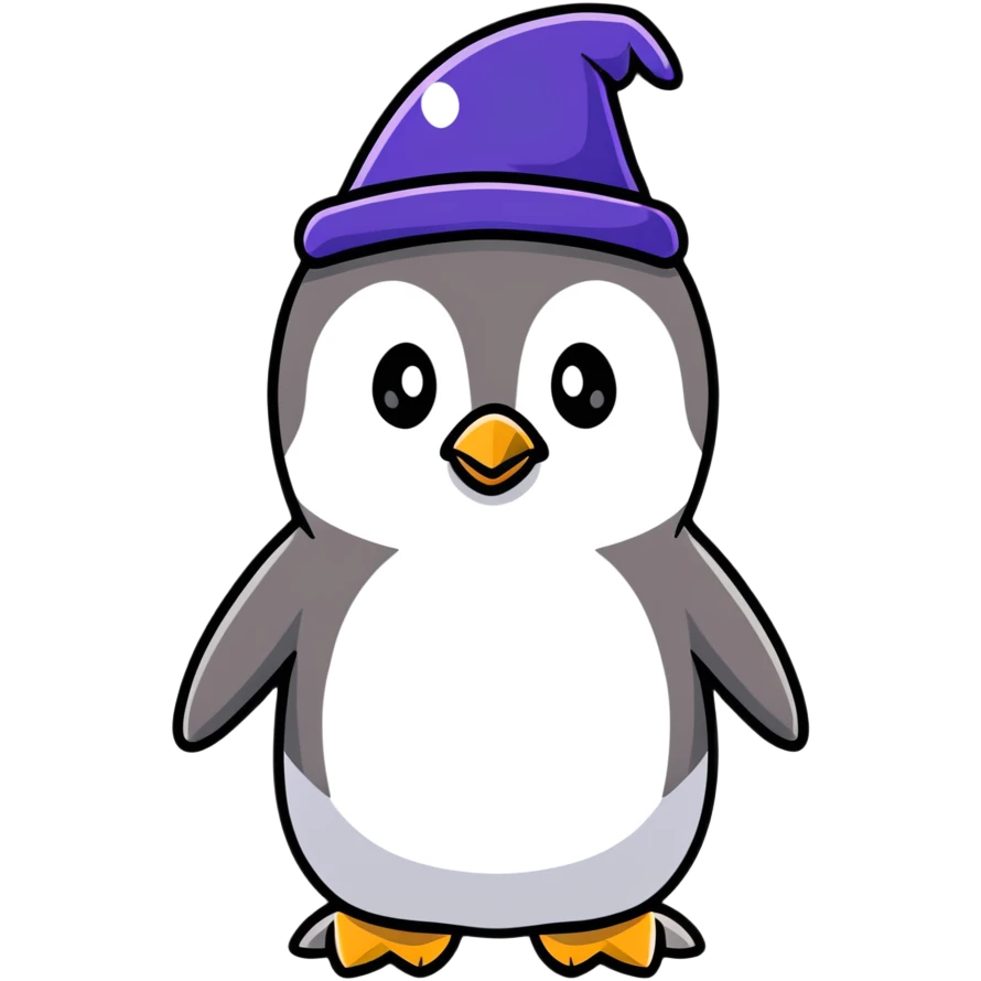 Cute penguin with wizard hat and magic sparkles emoji