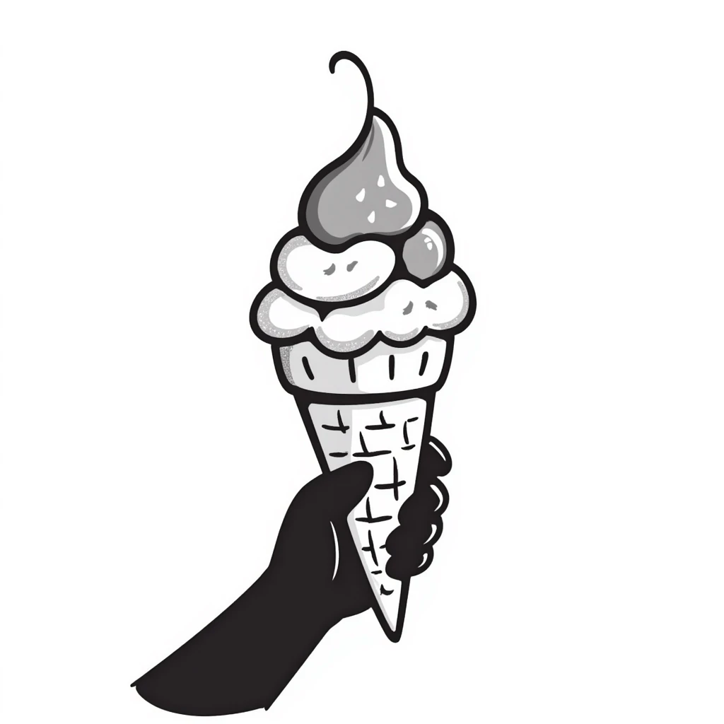 An ice cream cone with scoops of ice cream in pastel colors (dd9fb0, ffc6d3, a3bfc9, c4bee2, f1b091), hand-drawn doodle style emoji