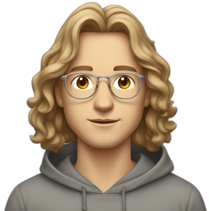young white guy with medium long wavy hair and a fade in light brown color and rounded silver glasses with a grey hoodie on emoji