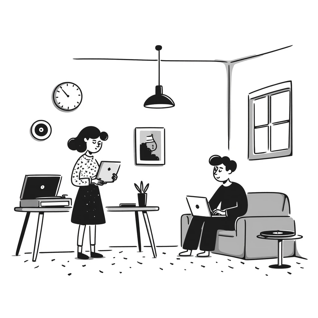 A mid-century modern living room with two people working on laptops — a woman standing working on the laptop and a man sitting on a couch with a laptop. The room has visible floor and two walls forming a corner, large window, modern pendant lamp, turntable, vinyl record stand, retro posters emoji
