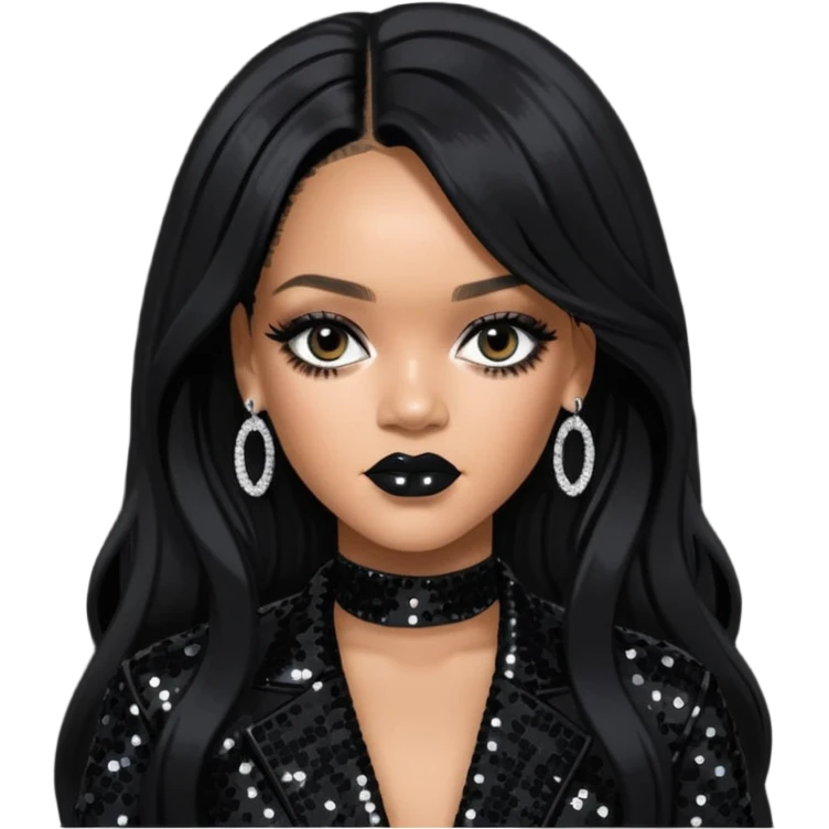 Rihanna with long jet black hair, black sequin outfit emoji
