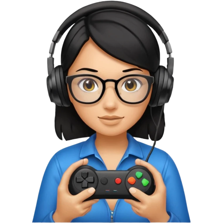 
gamer, woman shiny black hair no eyebrows with glasses, headphone, gamepad emoji