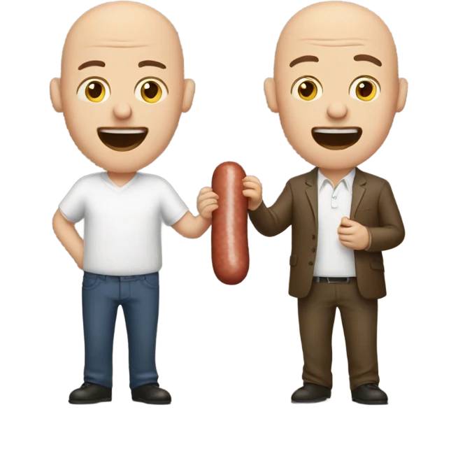 Two man eating one sausage one bald the other with brown hair emoji