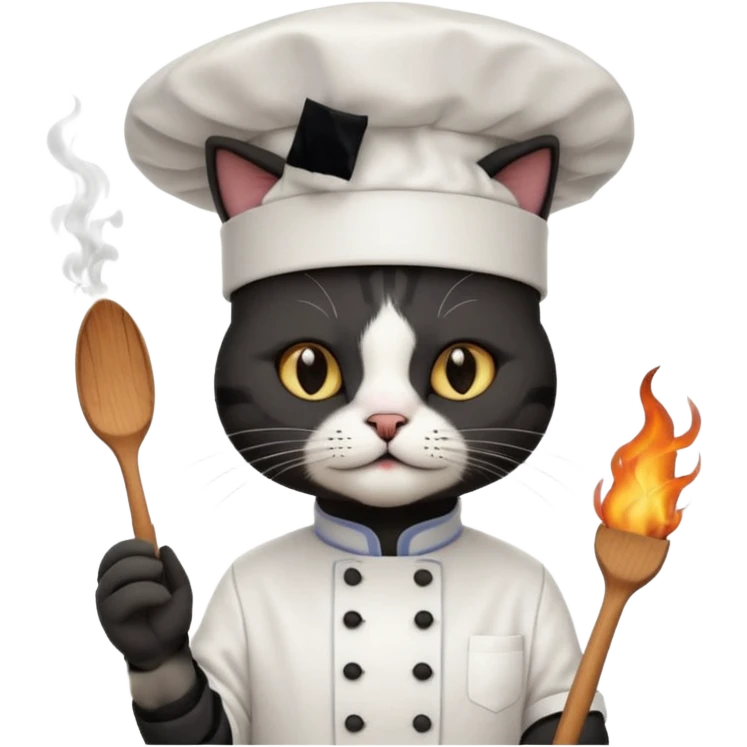 extra black chef cat wearing a tall white chef hat, burning hat emoji