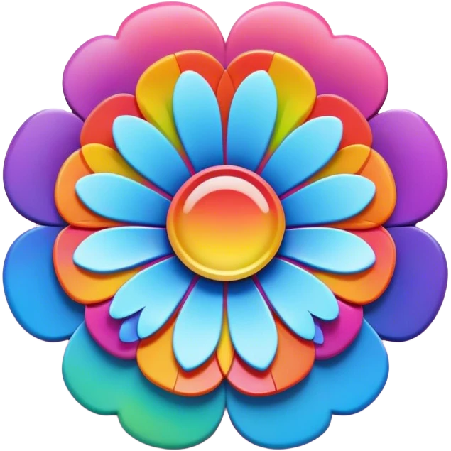 A round 3D style psychedelic colored button with a large rainbow colored flower in the center emoji