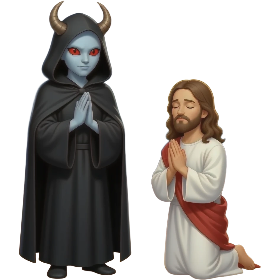 At night A full bodied evil man standing near by, pale  skin, red serpent eyes, slim black slit pupils, wearing a black hooded robe from biblical times trying to tempt Jesus as he prays on his knees, eyes closed in the middle of the wilderness emoji