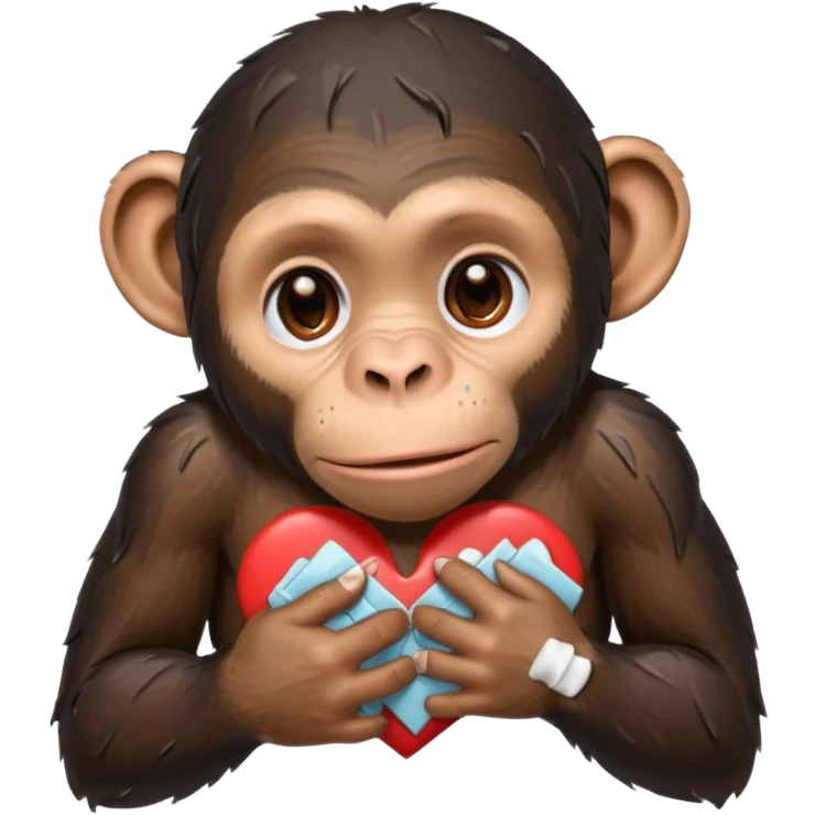 sad cartoon chimpanzee with tears, placing bandaids on a broken heart emoji