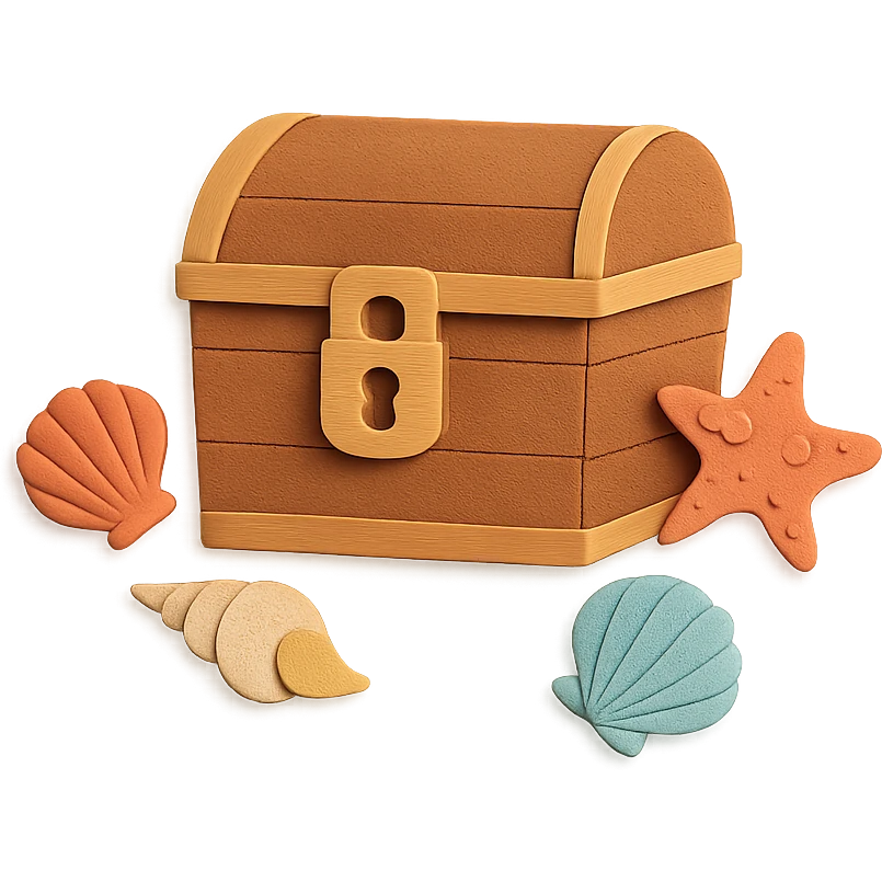closed treasure chest with a lock, surrounded by seashells and starfish, paper-craft style emoji