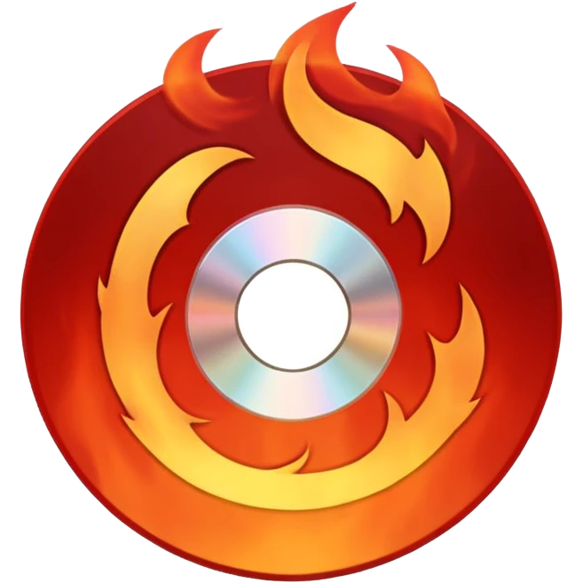 A minimalist CD disc with a subtle fire design, red flames. emoji
