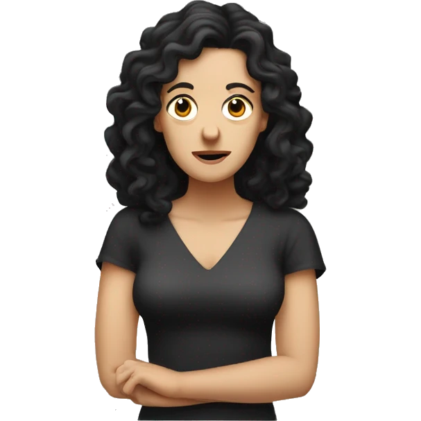 white woman, long curly black hair, shrugging hands incensed emoji