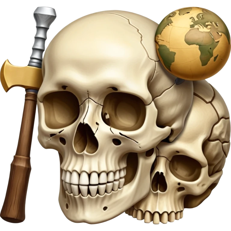 An icon featuring a human skull and fossilized bones, symbolizing the study of anthropology. The design includes archaeological tools like a pickaxe and brush, with a background of ancient artifacts and a globe. Transparent background emphasizes the exploration of human history and evolution. emoji