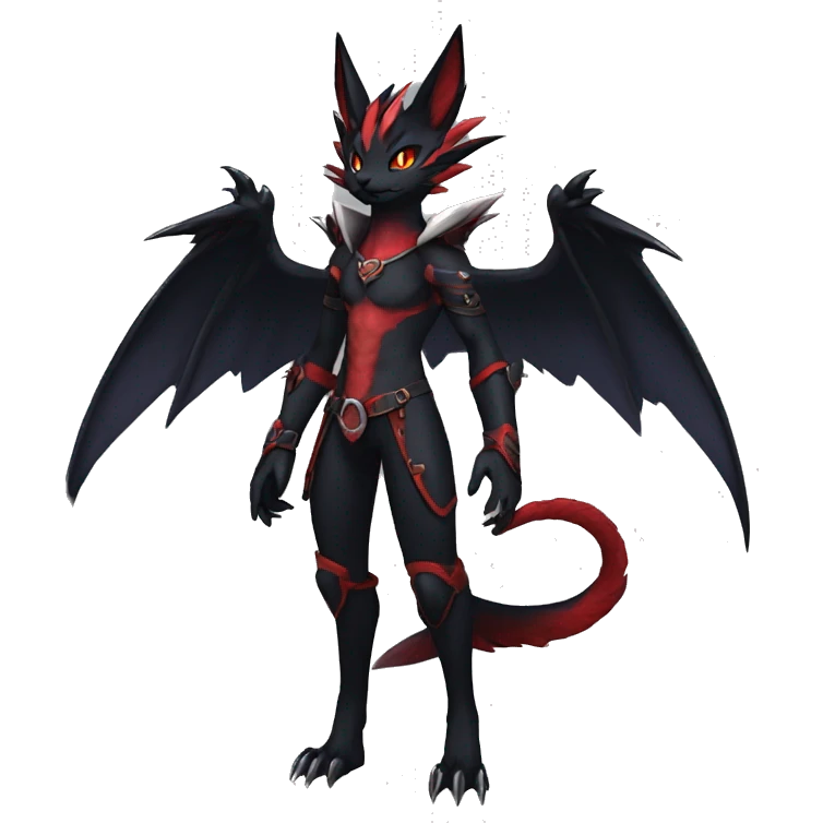 cool anthro edgy black red ethereal fantasy nargacuga-noivern-cat-Fakemon collar harness full body emoji
