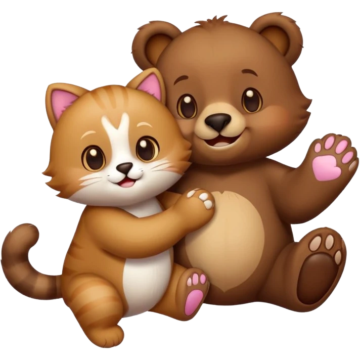 a bear and a kitty holding paws, with two playful cats nearby, emoji style emoji