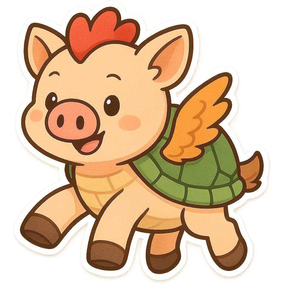 hybrid animal with a pig's snout, chicken wings, turtle shell, and horse legs, in a playful style, cartoonish, colorful, playful emoji