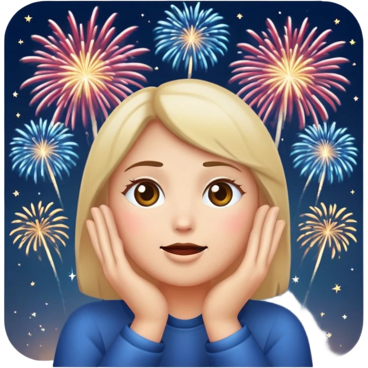 classic emoji style face with hands on cheeks, looking up at fireworks emoji