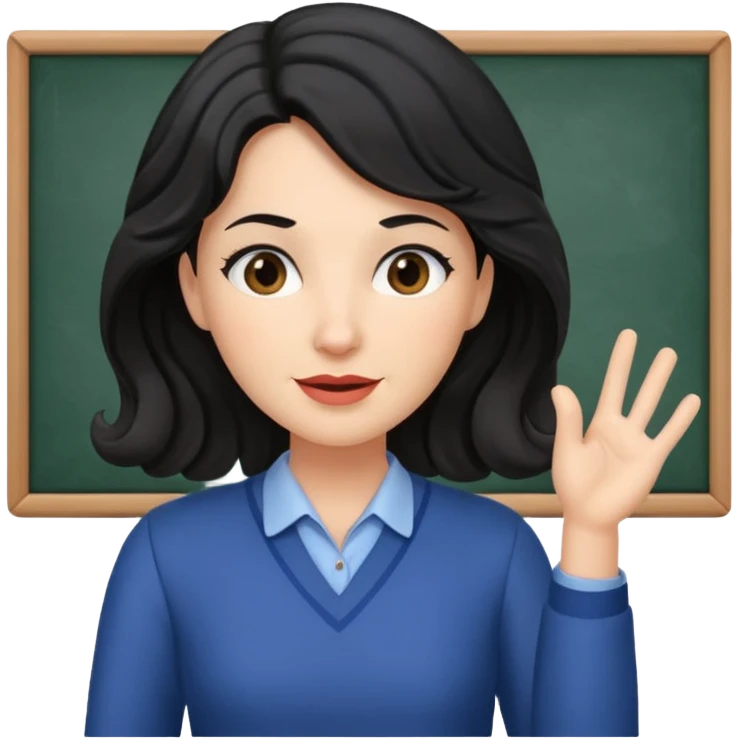 female teacher with black wavy hair, no glasses, teaching and talking emoji