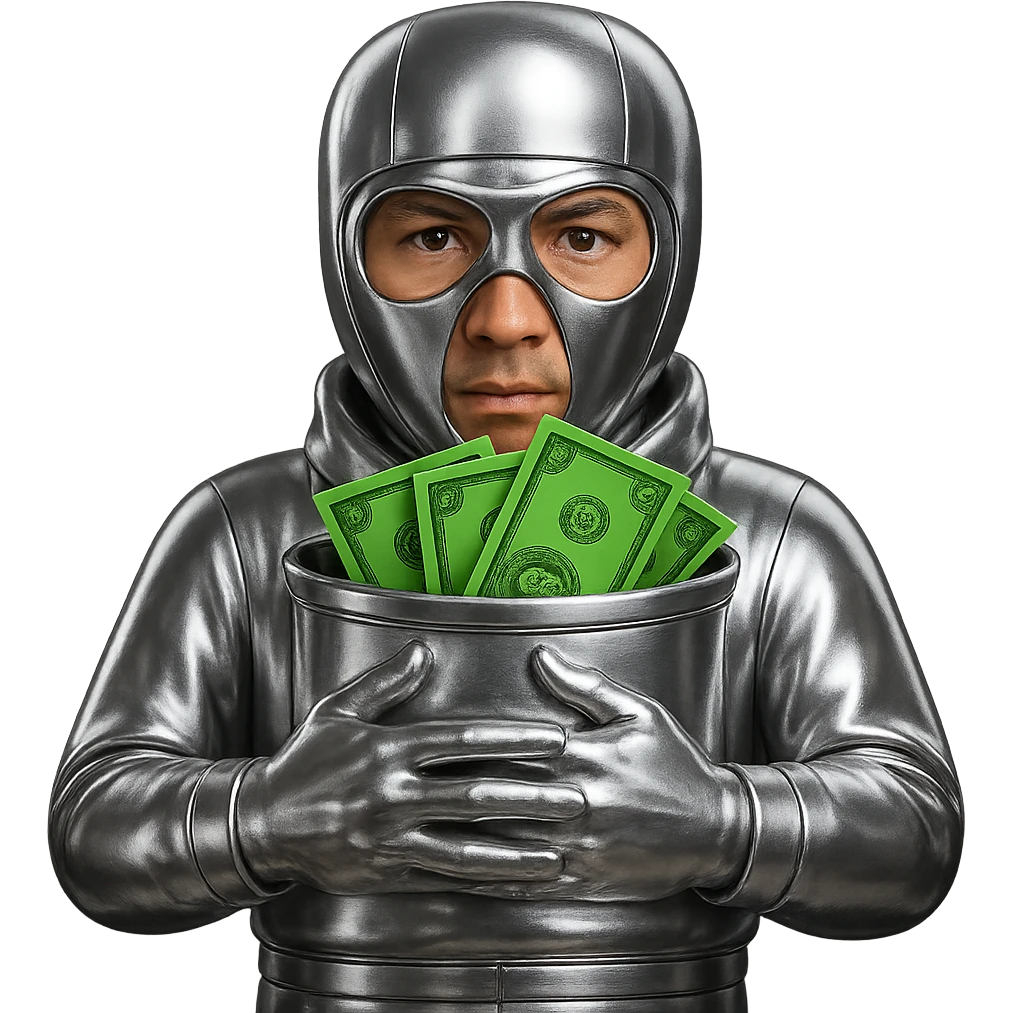 Fix the face to look more natural and human with a light tan face and money green accents, keep everything else in chrome 3D metallic style, no background. emoji