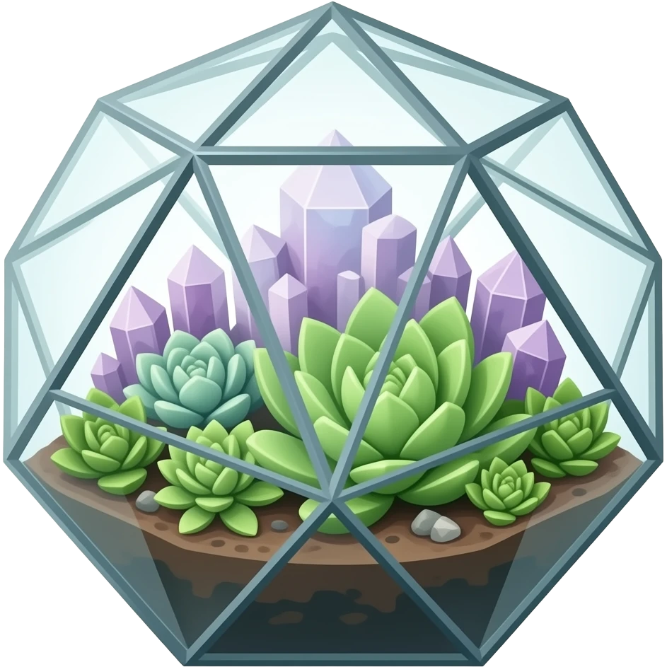 succulent geometrical terrarium with amethyst cluster inside emoji
