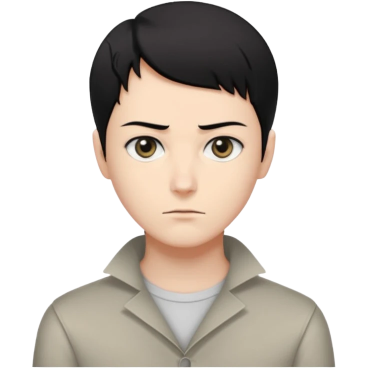 short black neat hair, sharp dull gray eyes, pale skin, serious expression, upright posture, minimal accessories, sharp and precise style. Levi Ackerman  emoji