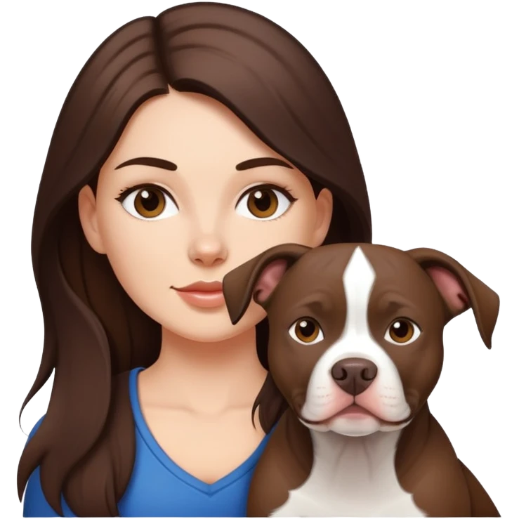 White girl with dark brown long hair with her pitbull dog emoji