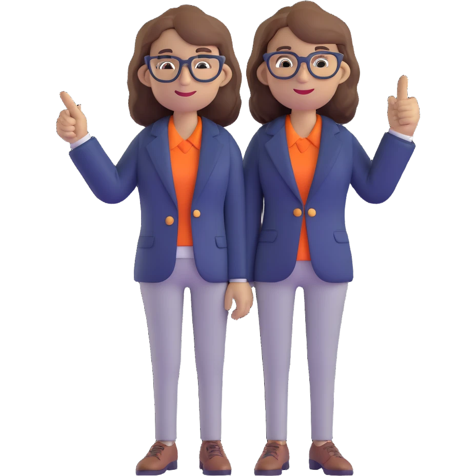 Economics professional mascot character with shoulder-length wavy brown hair, stylish glasses, navy blazer, pointing at economic symbols, full body view emoji