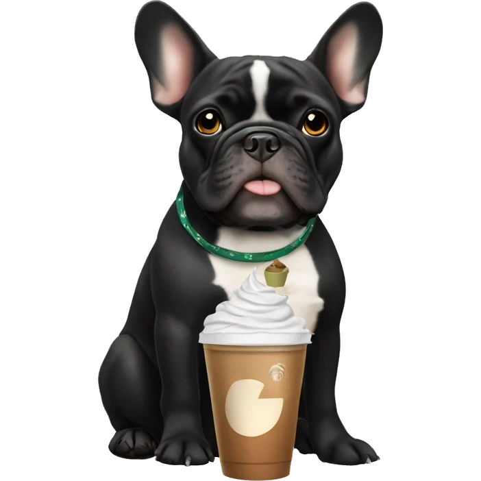 Black and tan French bulldog that is mostly black holding a Starbucks iced chai emoji