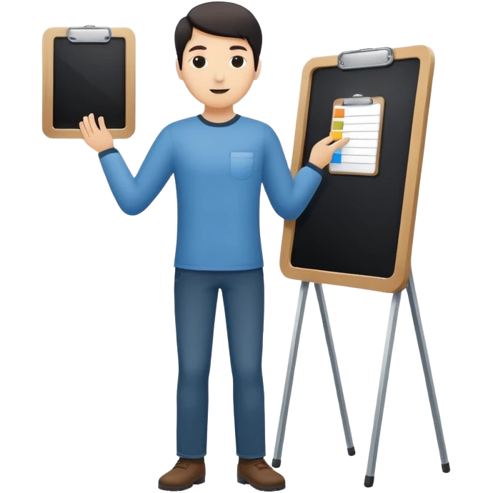 Minimalistic flat vector icon, iOS style, thin black contour on white background. Person silhouette with a project board (kanban/task board) behind. No text, no shadows.
 emoji