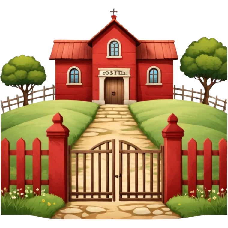 A fenced red house on a small hill with a large entrance gate bearing the inscription “Gosteli Archive,” with a farmhouse in the background. emoji