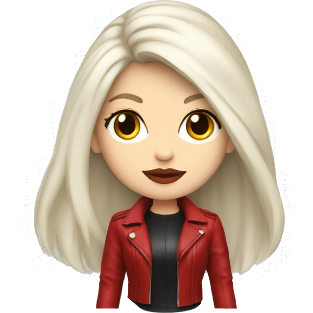 girl with long white hair, pale skin, red eyes and red lipstick in a red leather jacket emoji
