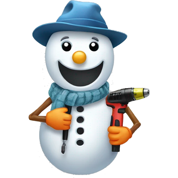 snowman with hat and scarf holding a drill emoji