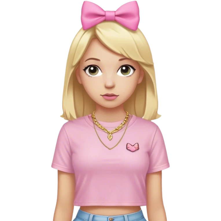 White girl with blonde hair and a pink bow wearing a nice street wear outfit (form fitting skims shirt with a dainty gold necklace) emoji