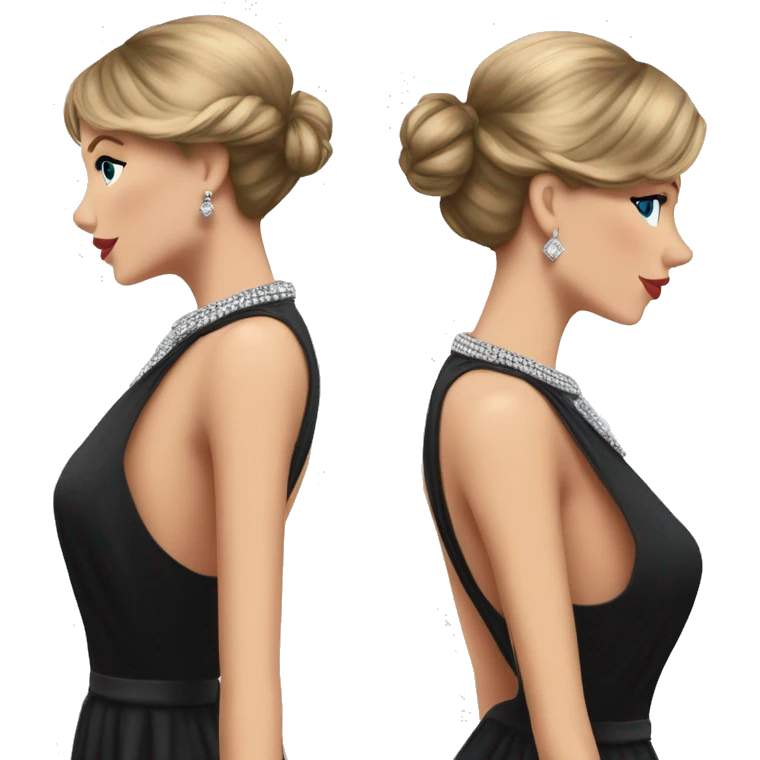 Taylor Swift looking back, black dress, hair in low bun with a strand pulled out, standing, silver diamond necklace  emoji