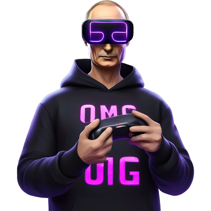 Vladimir Putin wearing a black hoodie with "OMG" letters on it and VR headset oculus quest 2 in a cyberpunk VR environment with violet neon lighting. emoji