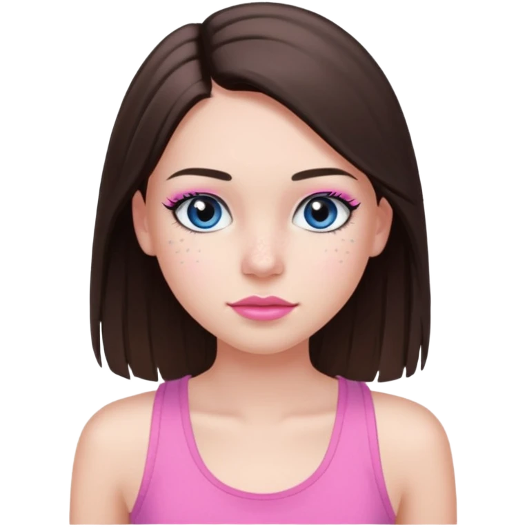 Create a teenage girl with long and straight brunette hair, light skin, light freckles, and blue-grey eyes. She will have pink lips and long black eyelashes. She will be wearing a pink tank top. emoji