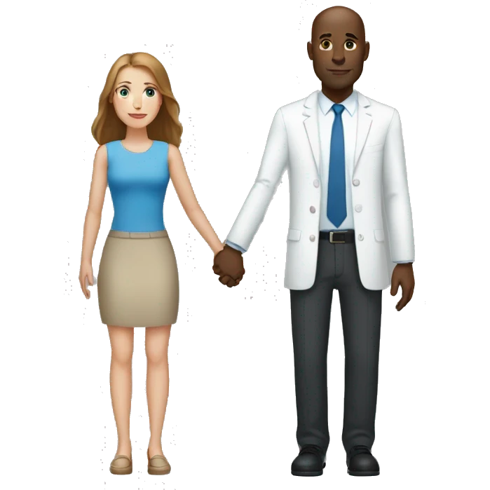 Tall bald black man holding hands with a white woman with long brown-hair and blue eyes emoji